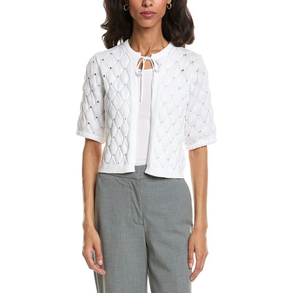 Forte Womens  Openwork Gathered Sleeve Cardigan, White